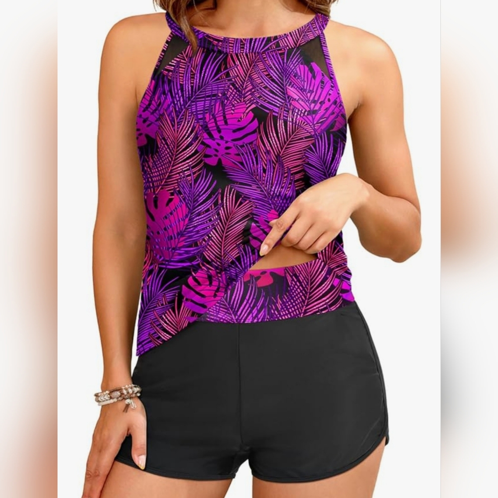 Talisea Pink and Purple Leaf Print Tankini Set Size Medium